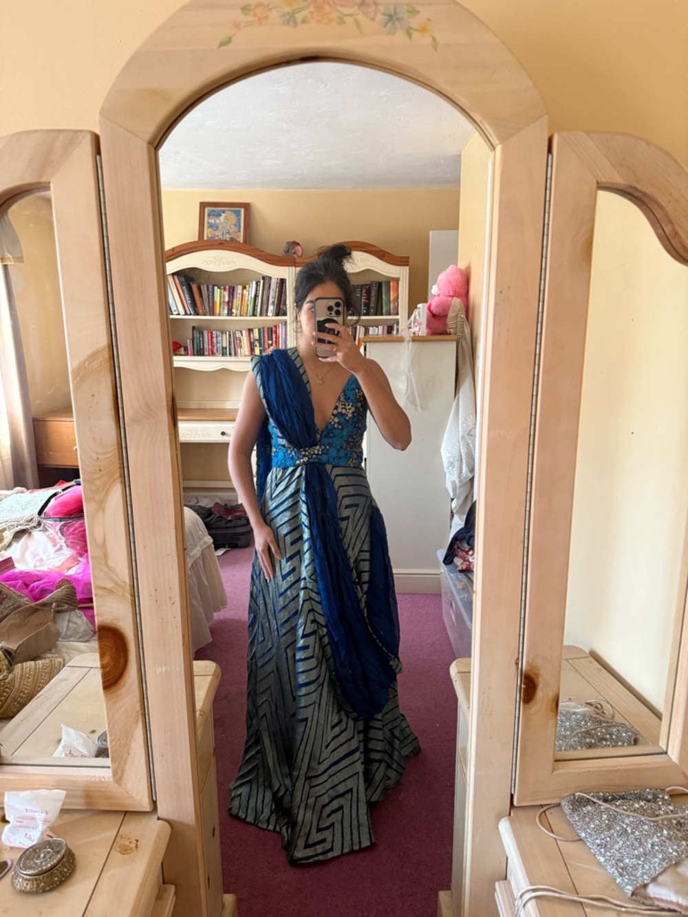 Blue and Silver Deep V saree dress